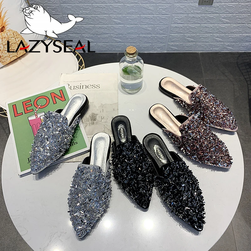 LazySeal женские туфли без задника с острым носком шлепанцы кристаллами роскошные