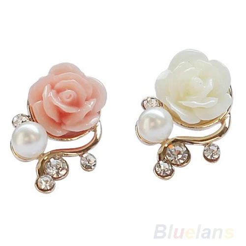 Korean Style OL Pink Rose Flower Shiny Crystal Rhinestone Pearl Stud Earrings 00UP | Украшения и аксессуары