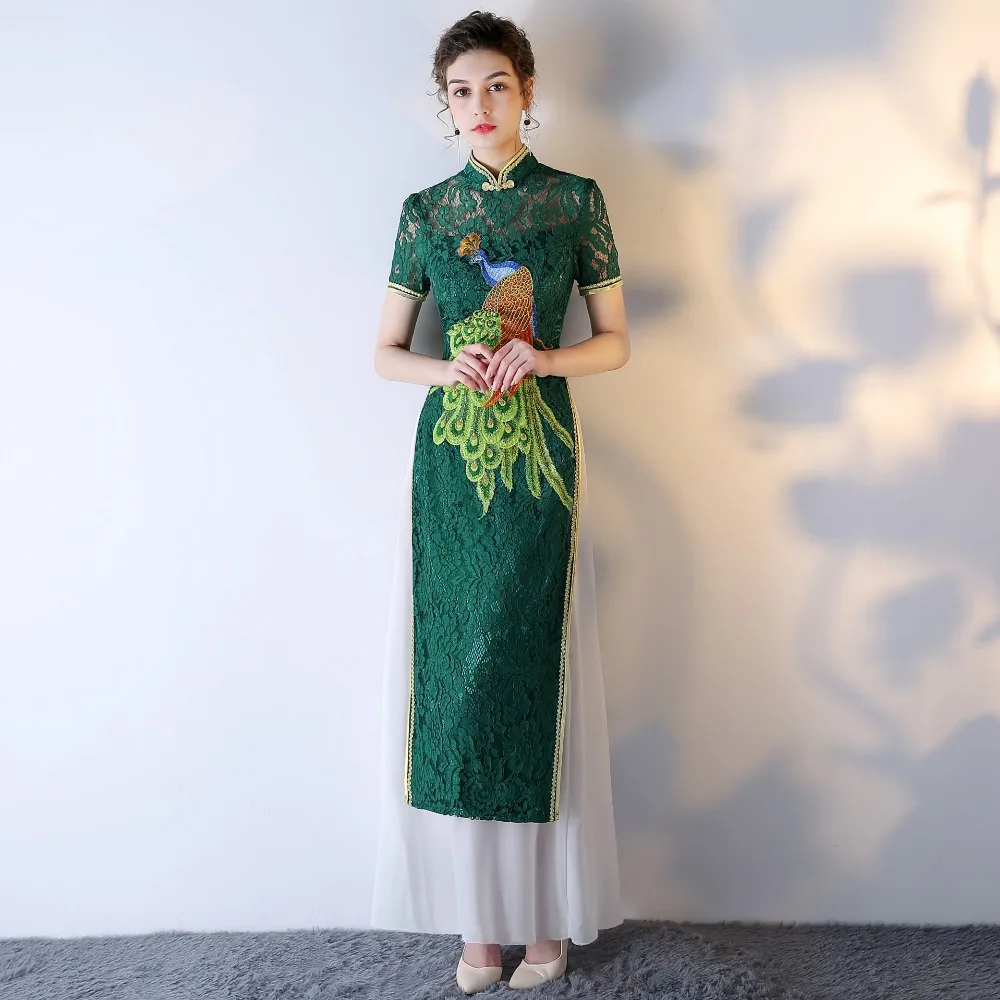 Qipao зеленое кружевное платье с вышивкой Cheongsam современное китайское традиционное