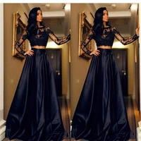 cheap black two pieces prom dresses jewel neck illusion long sleeves lace appliques open back plus size party evening dress