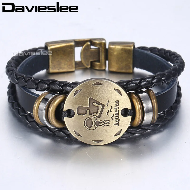 Davieslee 12 Кожаный браслет для мужчин, винтажные Ретро Браслеты, мужские ювелирные изделия, подарки, Знак зодиака Leo DLBM136A - Окраска металла: LB736 Aquarius