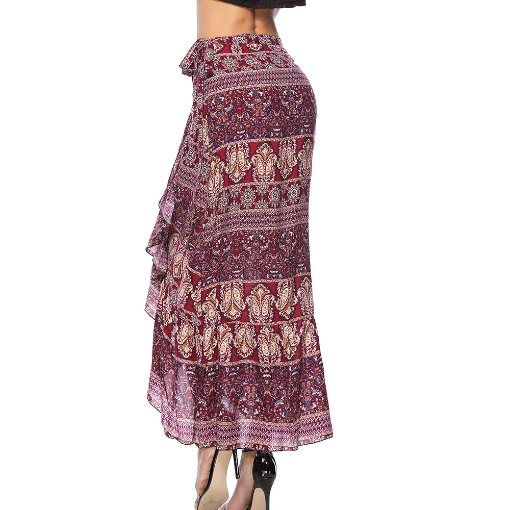 Women 2018 Summer Boho Floral Print Pleated Long Maxi Skirt Bohemian Vintage Floor Length Sexy Ruffle Beach Skirts Womens | Женская