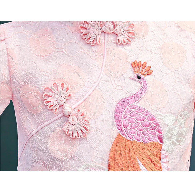 Новогоднее платье для девочек элегантное китайское Ципао с кружевной флисовой