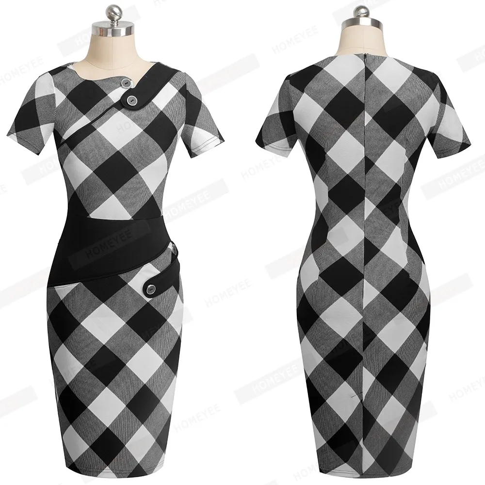 Summer Tunic Women Formal Work Office Sheath Patchwork Line Asymmetrical Neck Knee Length Pencil Dress EB527
