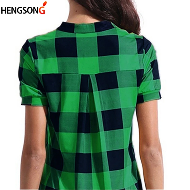 Модная женская клетчатая блузка с V образным вырезом летние рубашки коротким