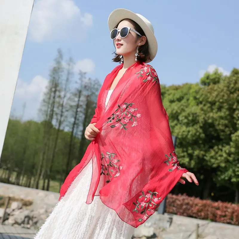 

2020 Fashion Scarf National Style Chiffon Silk Scarf Floral Embroideried SunProtection Shawl Scarves Women hijab scarf foulard