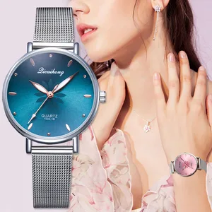 Женские кварцевые часы, модные и романтичные часы с цветочным принтом и металлическим сетчатым браслетом, подарок розового цвета, 2019