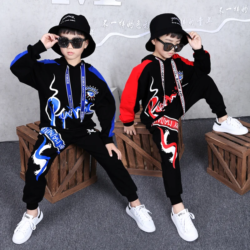 Hip Hop Children's Clothing Suit Spring Fall Boys Fashion Printing Spliced Clothes Kids Sweatshirt + Pants 2 Pcs Streetwear B140 |