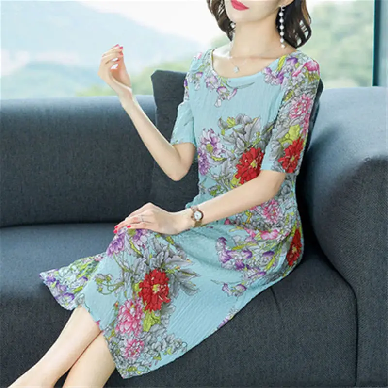 short sleeve Женское платье из искусственного шелка, женское платье на весну и лето, Новое Элегантное Свободное платье с коротким рукавом, большой размер, платье с принтом для женщин X608 - Цвет: short sleeve