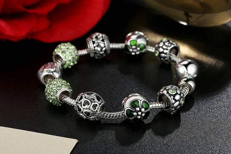 JKJ Silver Plated 925 Crown Beads Key Crystal Love Heart Charm Bracelet Fits For Women DIY Jewelry gifts | Украшения и аксессуары