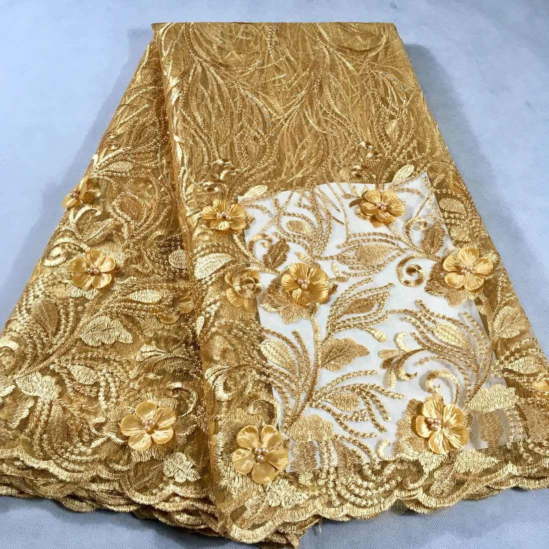 

2019 New style gold French lace fabric 3D flower African tulle mesh lace Beaded stones high quality african lace fabric LHX11A