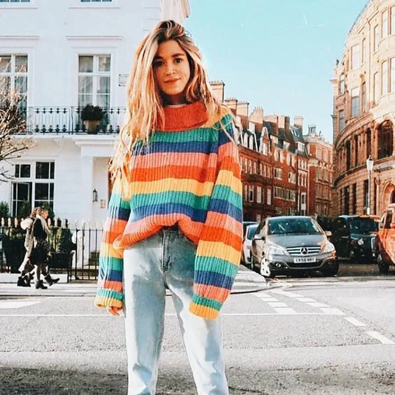 Spring Winter Women Casual Rainbow Turtleneck Sweaters Knitted Clothes Fashion Striped Oversized Pullover Female