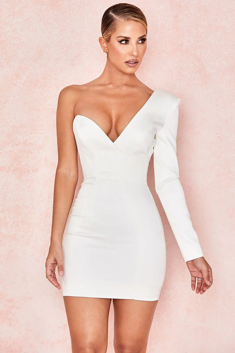 

2019 New Women white long sleeve V-Neck One-Shoulder Dress Bandage Dress Bodycon Cut Out Sexy Celebrity Party Dress wholesale