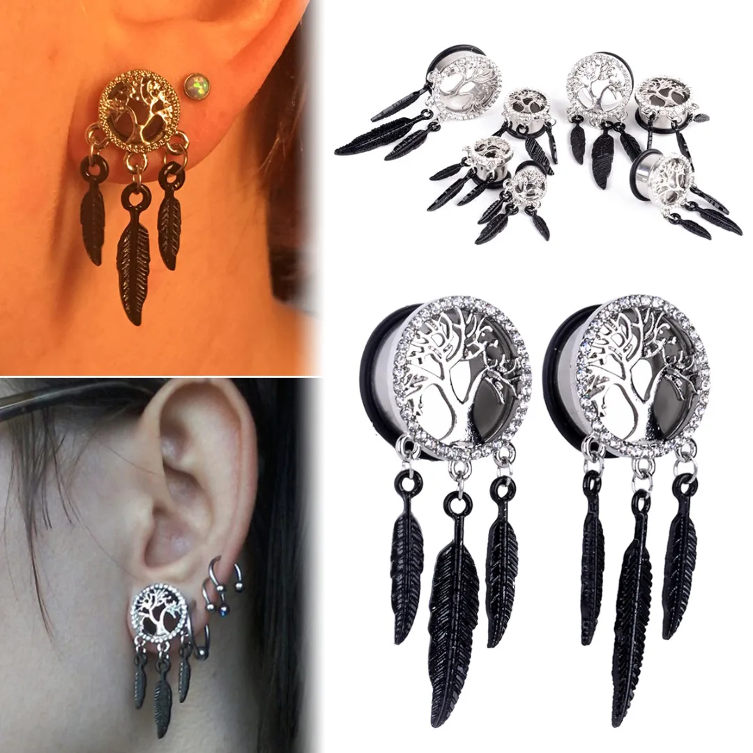 1 Pair Surgical Steel Crystal Tree of Life Feather Dangle Ear Plugs Saddle Flesh Tunnel Gauge Expander Body Piercing Jewelry|Украшения