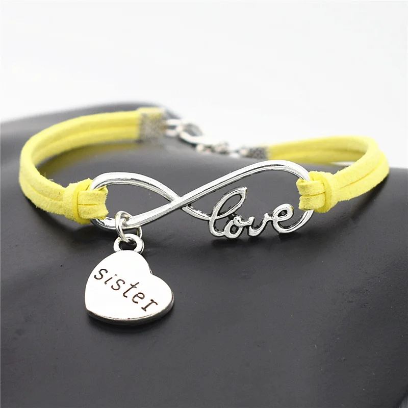 Yellow Sister Модные милые тибетские серебряные браслеты ручной работы для мамы и дочери с сердечками, семейный Рождественский подарок, кожаные браслеты с надписью Love Infinity - Окраска металла: Yellow Sister