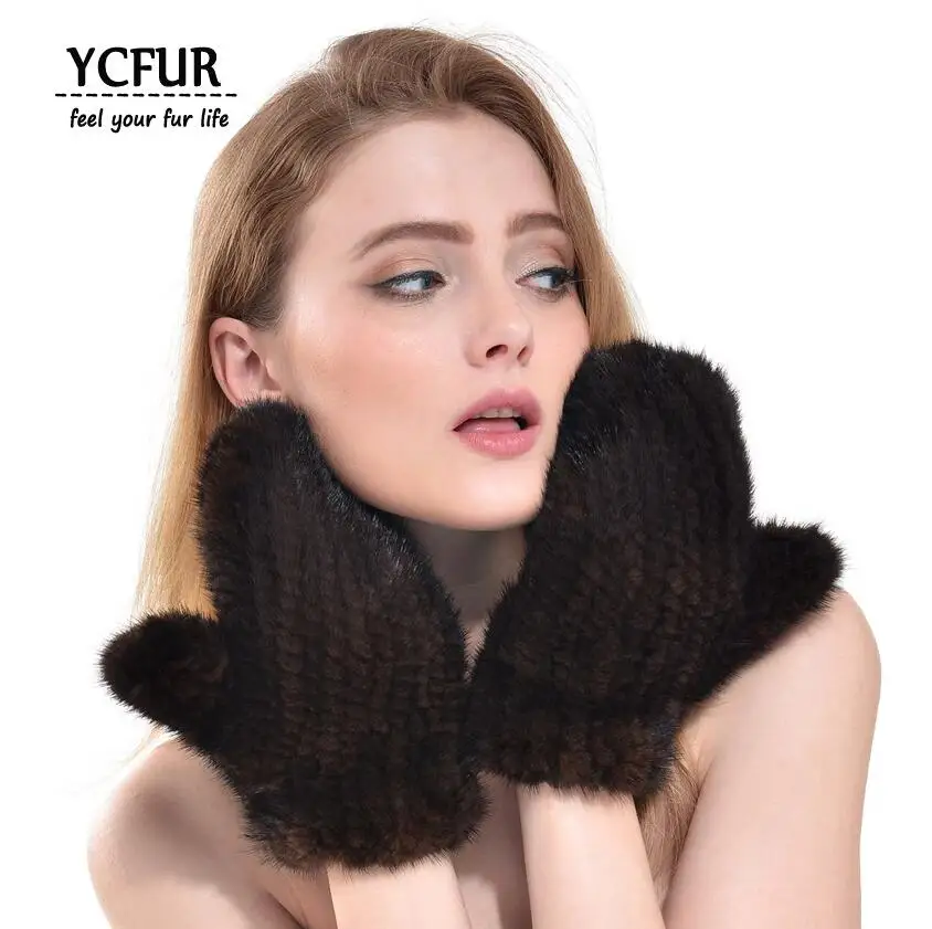 YC Fur Модные женские перчатки варежки Зимние теплые Вязаные норковые меховые перчатки зимние варежки женские перчатки - Цвет: brown