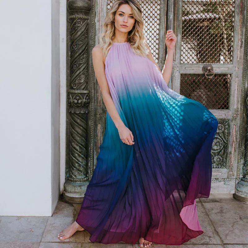 Летнее Длинное Платье Макси ТРАПЕЦИЕВИДНОЕ плиссированное платье с открытой