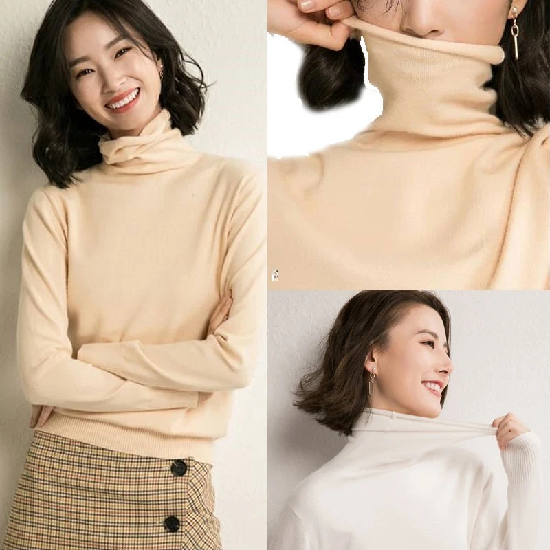 

Fashion Turtleneck Tops Long Sleeve Women Knitted Sweater Basic Tshirt