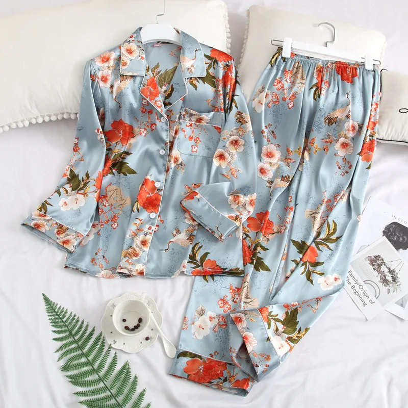 Sexy Women pajamas set Satin Sleepwear Pijamas Silk Feeling Long Sleeve Flower Print Pajamas Sets for Pijama Feminino | Женская одежда