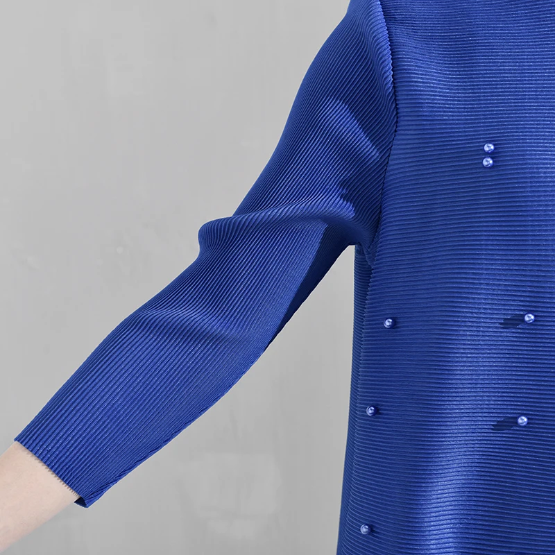 LANMREM Новая модная женская рубашка с длинными рукавами женские толстовки Vestido с круглым вырезом с длинными рукавами плиссированная рубашка с жемчугом NA94806