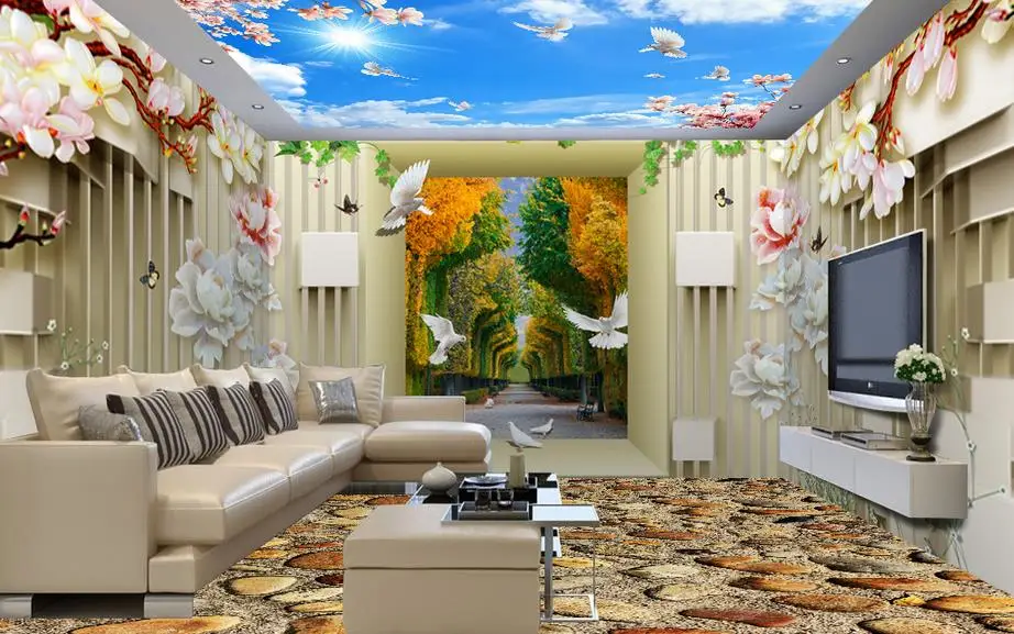 Пользовательские 3d потолочные нетканые обои Yalan Xiangyu резные пионы