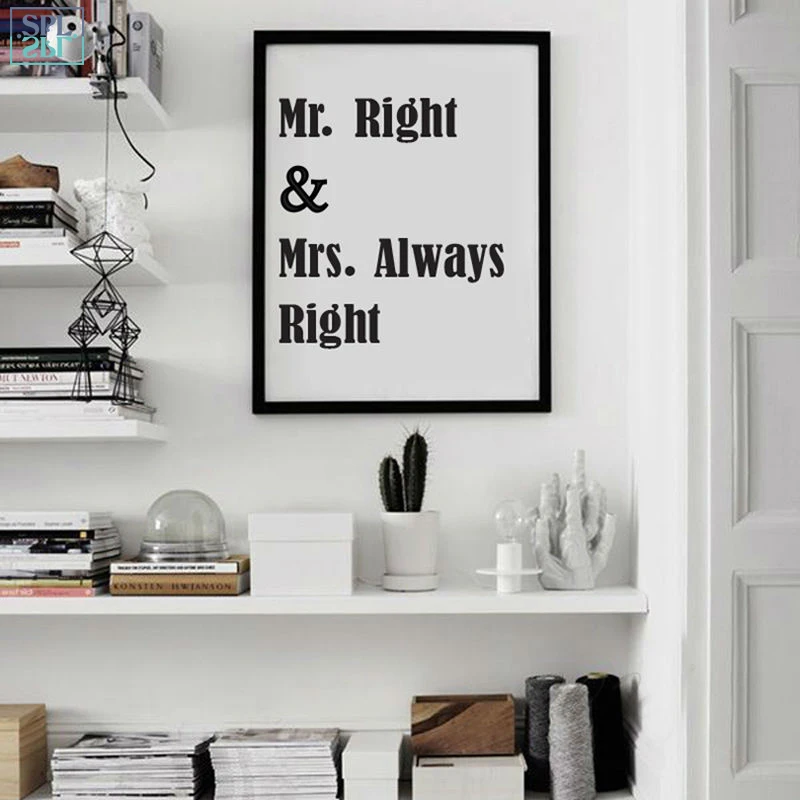 Mr. Right и Mrs. Always Love Quote Art Canvas Print картина абстрактная минималистическая черно белая