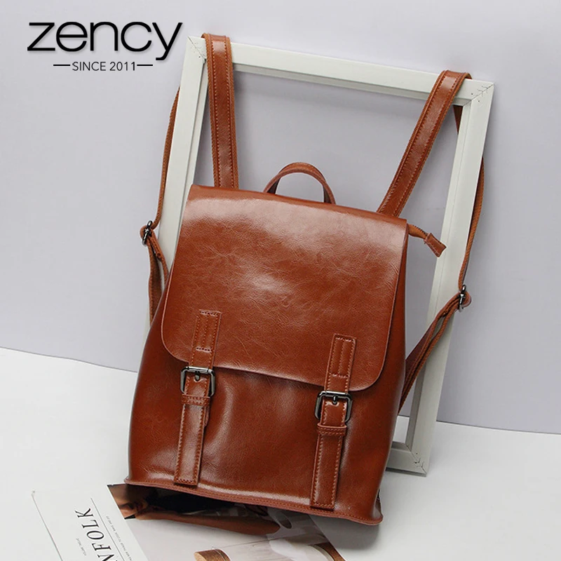 Zency 100% натуральная кожа женский рюкзак модный коричневый Повседневный