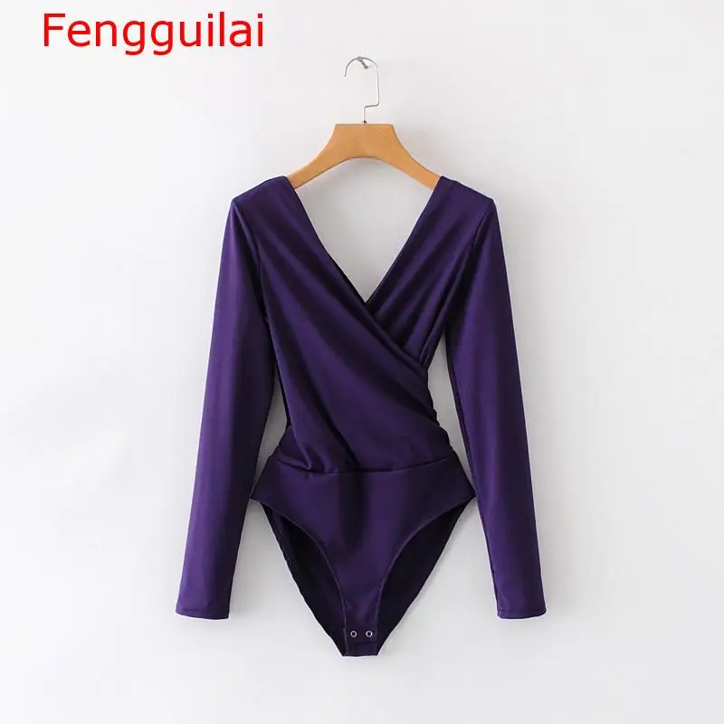 purple Fengguilai женский комбинезон осень зима боди с длинным рукавом женский комбинезон с открытой спиной Черный Белый Боди Femme Monos Cortos - Цвет: purple