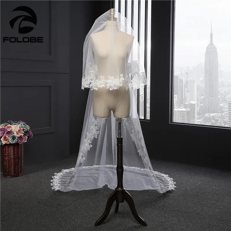 Casamento Stock белая/слоновая кость Аппликации Кружевной Край двухслойная Фата
