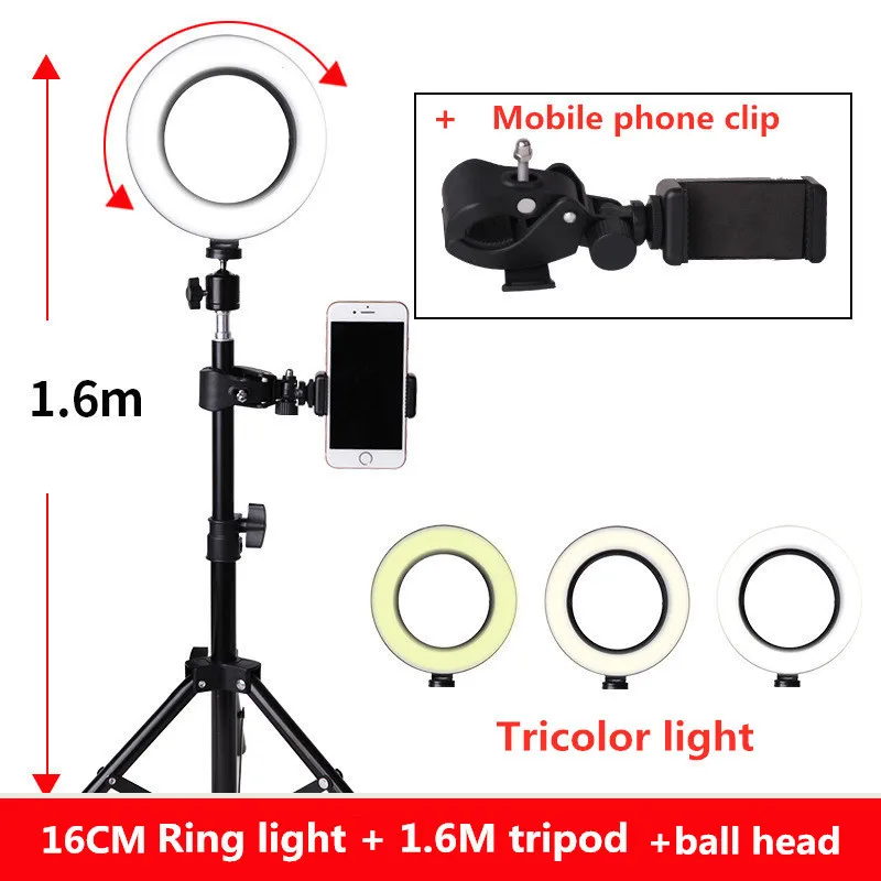 16cm and tripod 6 дюймов 16 см светодиодный кольцевой светильник 5600K с регулируемой яркостью, кольцевой светильник для селфи, фотографический светильник ing с штативом, держателем для телефона, usb-разъемом, для фотостудии - Цвет: 16cm and tripod