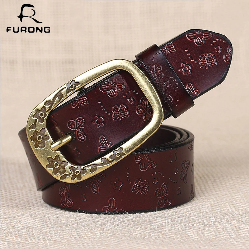 FURONG Vintage Women Belt Flower Butterfly Patter Design Fashion Waist Belt With Pink Buckle Female Real Cow Leather Belt