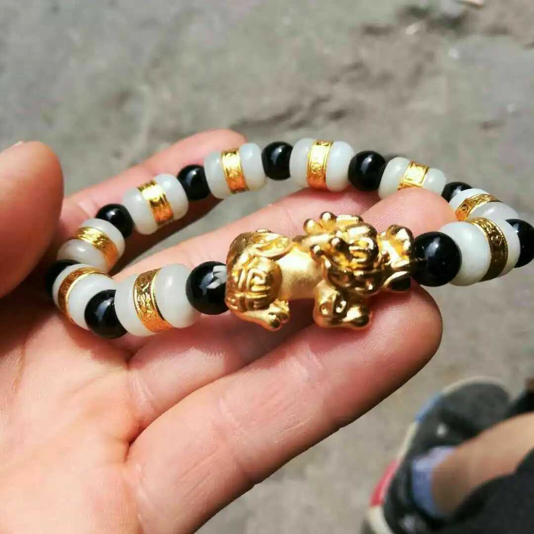 Кулон из золота 24 К темно-синий халцедон с бусинами | Украшения и аксессуары