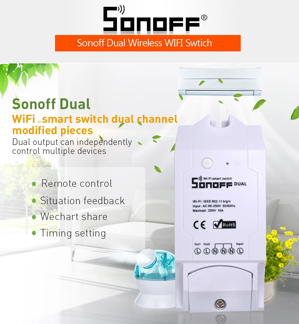 Itead SONOFF двойной беспроводной Wi-Fi переключатель релейный модуль 10 А 220 В DIY синхронизация Wi-Fi для автоматизации умного дома пульт дистанционного управления