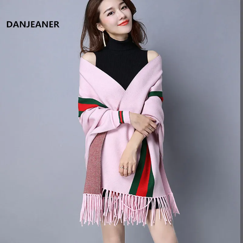 Danjeaner, английский стиль, шаль, для женщин, Толстый кашемир, в полоску, теплый кардиган, шарфы, вязаные свитера, с кисточками, Понсе, зимняя одежда