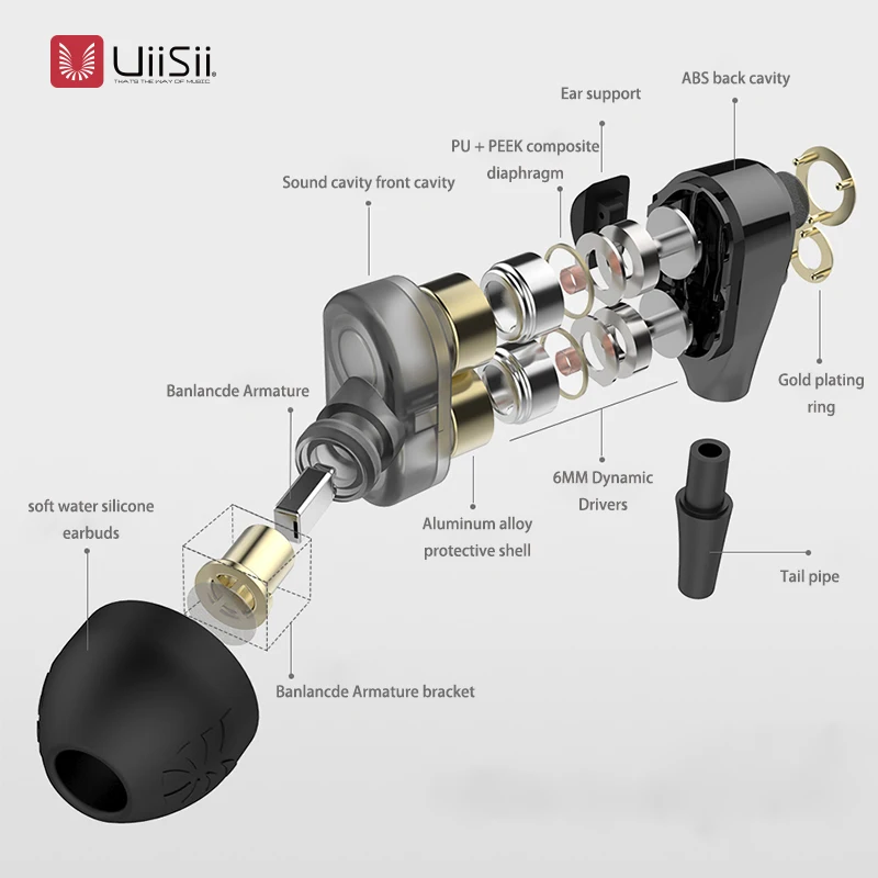 UIISII BA T8S 2DD + 1BA 6 дисков гибридные технологии наушники HIFI шумоизоляция стерео с