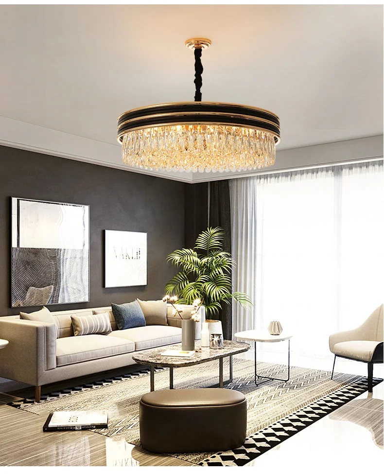 Living room crystal chandelier luxury modern round black plus gold American new LED restaurant bedroom lamps