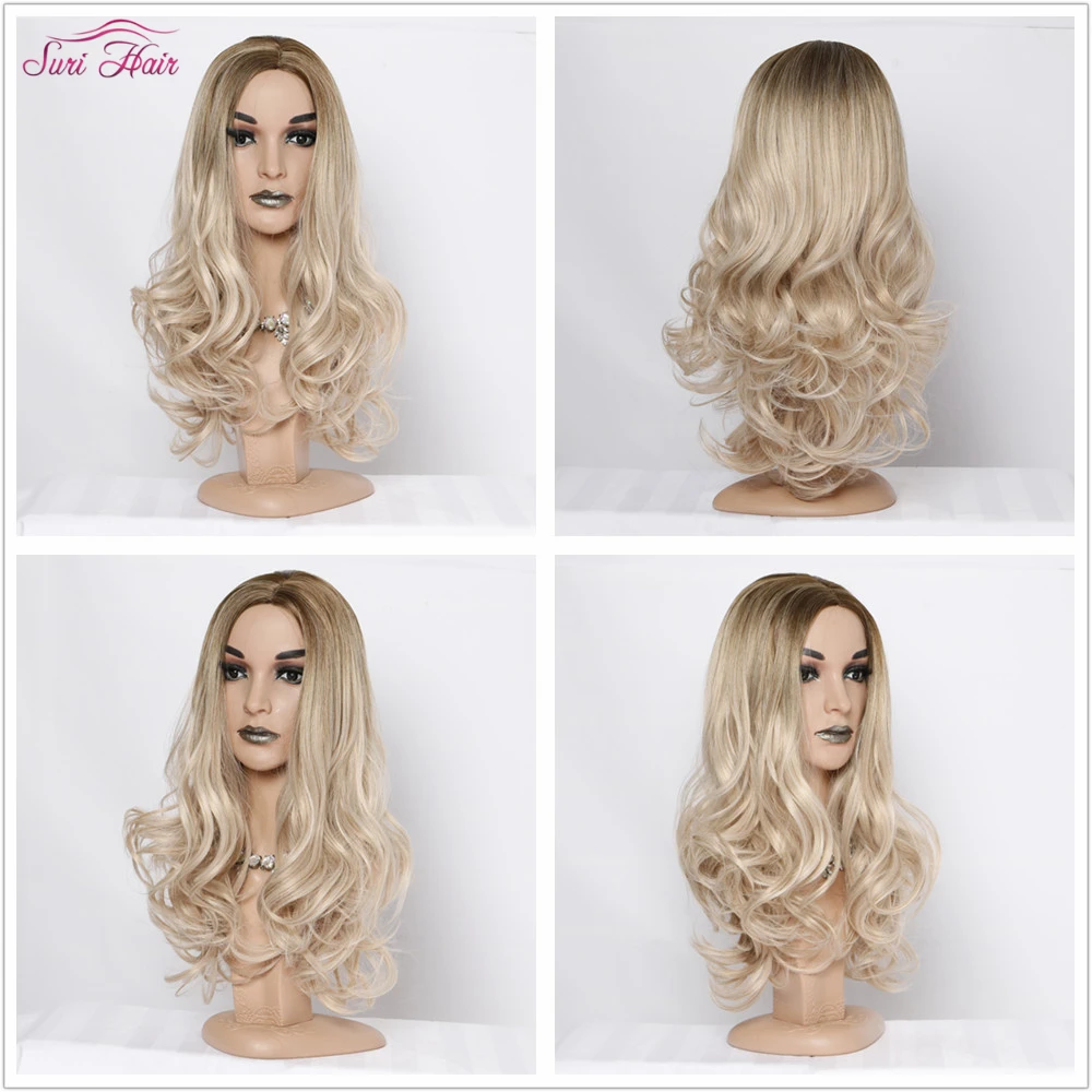 Suri Hair, Женские синтетические парики, длинные волнистые парики, 3 цвета, для косплея, Омбре, коричневый, пепельный, блондин, смешанные парики, 130% плотность, средний размер