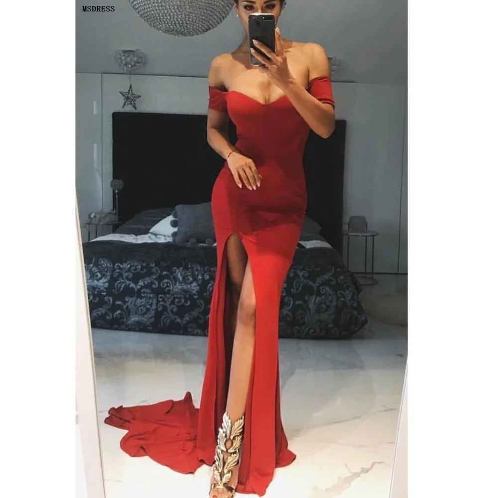 

2019 Sexy Classic Off the Shoulder Mermaid Evening Dress Navy Blue Long Split Prom Party Dress Floor Length Sweep Train