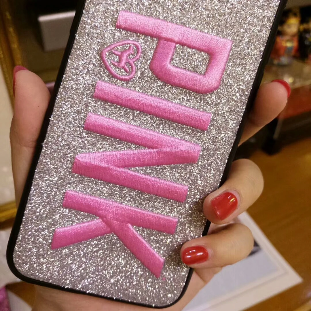 Luxury Brand Glitter 3D Embroidery PINK Love heart Case for iPhone 6 6s 7 8 plus X XR XS Max Fashion Hot Pink Cute Phone cover |