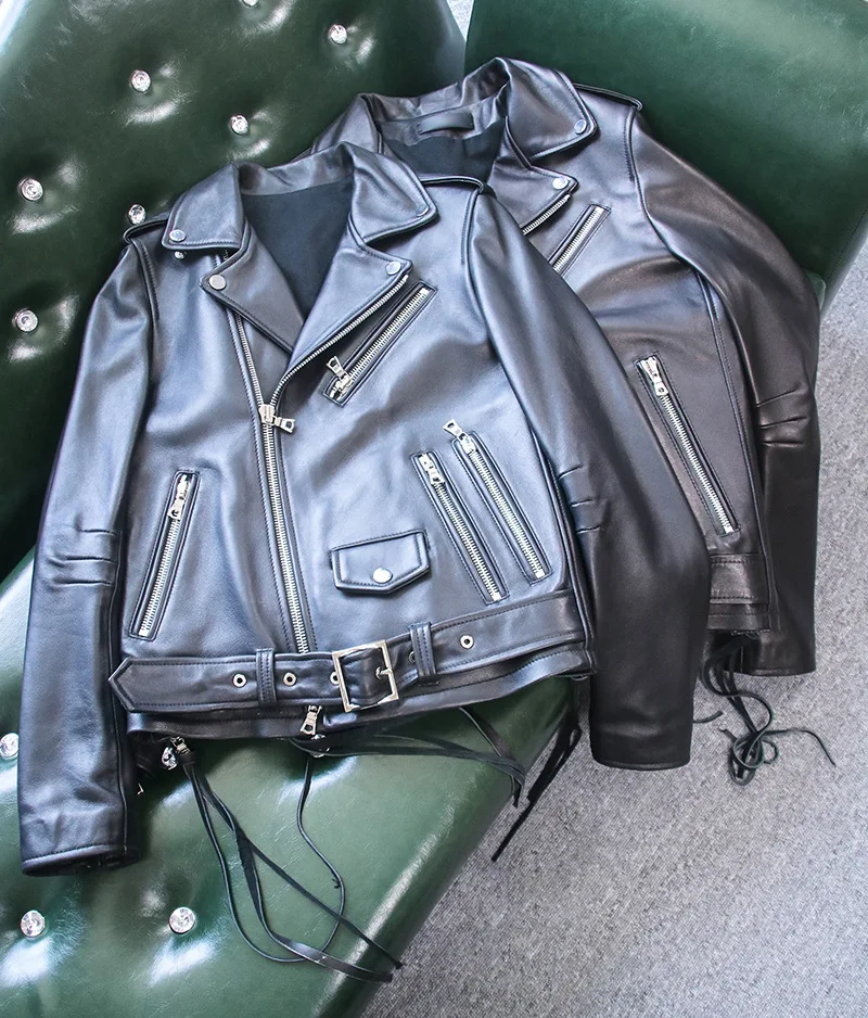 Роскошное байкерское пальто из натуральной овечьей кожи байкерская куртка