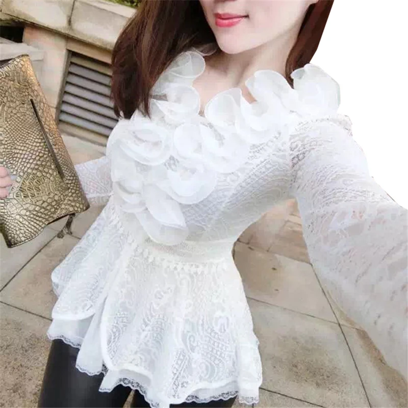 Женская кружевная блузка с длинным рукавом и оборками весна осень|Блузки| |
