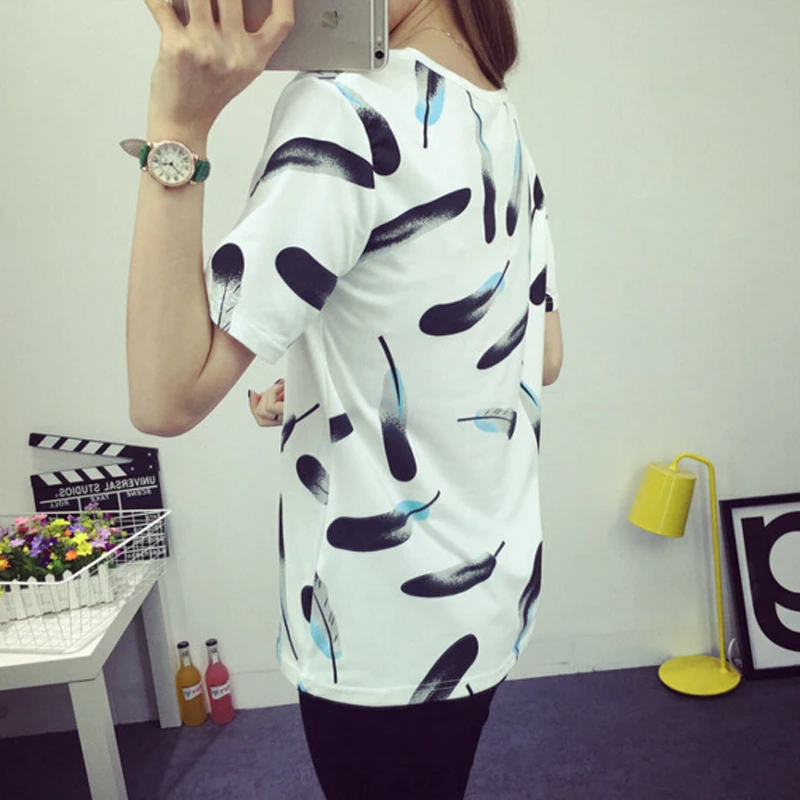 

Summer Fashion Style T-shirt Women Feathers Print Short Sleeve Round Neck Cotton Women T shirt Casual Loose Camisetas Feminina