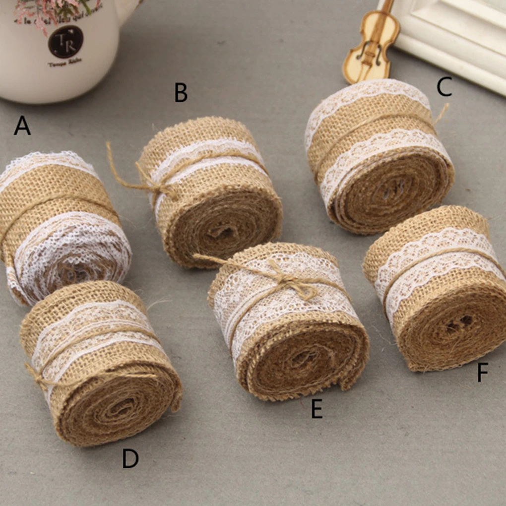 

2M Beautiful Natural Burlap Craft Ribbon Roll with White Lace Wedding Crafts 11 Kinds