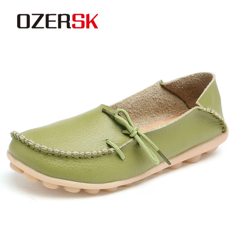 Grass Green OZERSK/брендовые летние новые популярные лоферы на плоской подошве; Повседневная дышащая обувь из мягкой натуральной кожи; женская обувь; большие размеры 34-44 - Цвет: Grass Green
