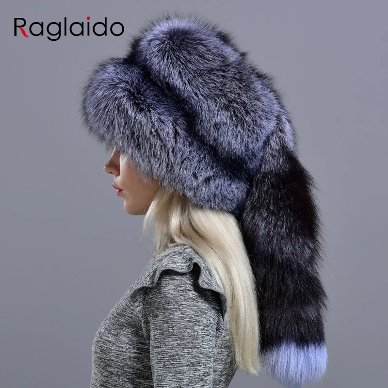 Raglaido шапки из натурального Лисьего меха для женщин, зимняя Модная стильная русская Толстая теплая шапка, шапка из натурального пушистого меха с хвостом