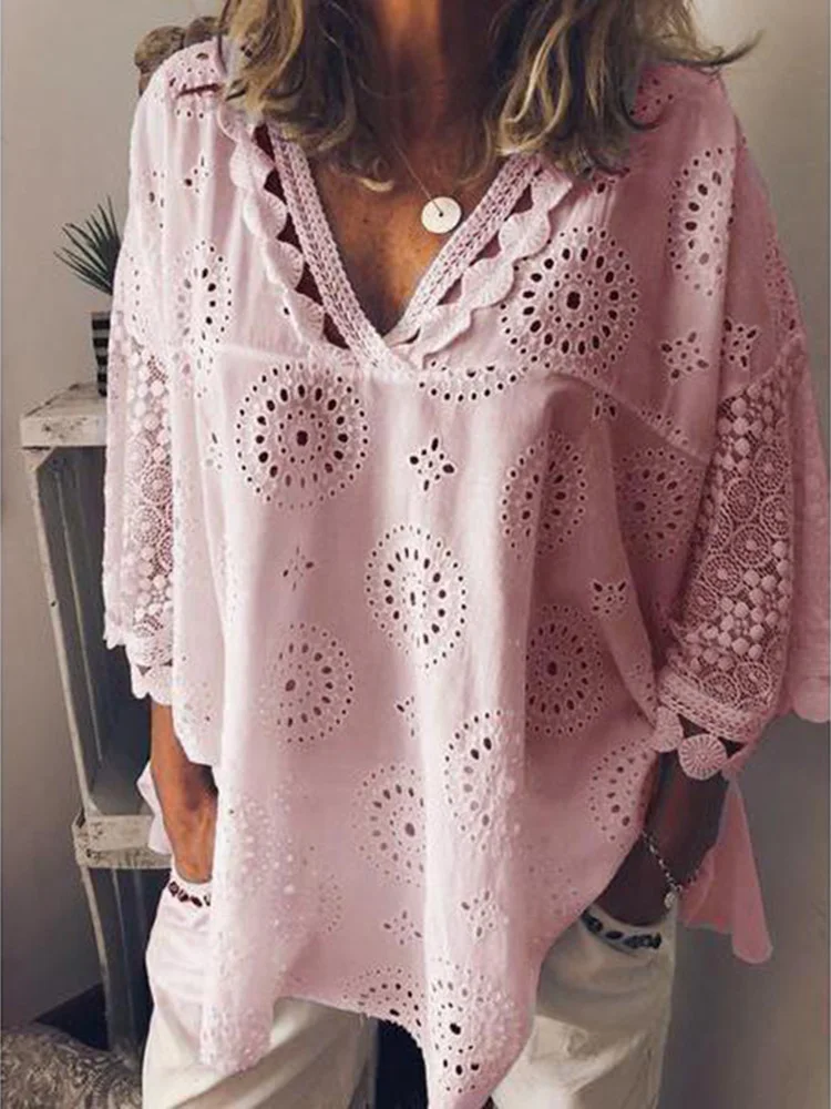 

Women Sexy V Neck Hollow Out Loose Solid Blouse Office Ladies Casual Plus Size S-5XL Lace European Style Elegant Shirt SJ2802M