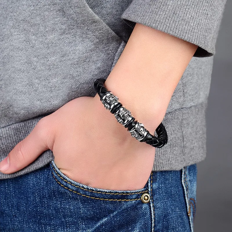 Мужской браслет с черепами Janeyacy панк рок из нержавеющей стали 2018|head bracelet|steel