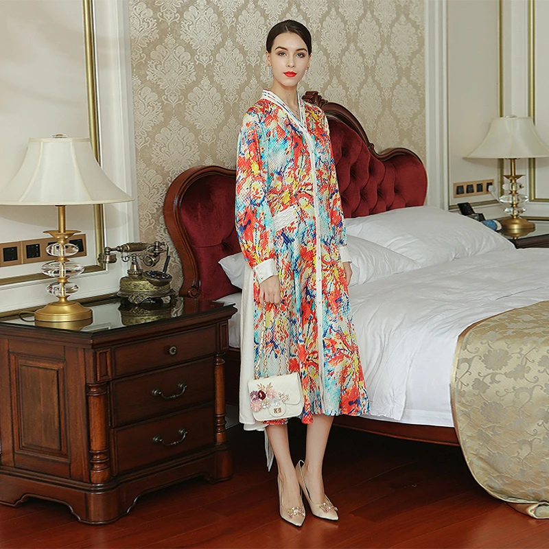 Voa 2017 осень-зима Boho печатных плиссированные плюс Размеры платье-рубашка шелк