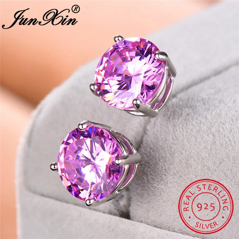Pink Earrings JUNXIN Настоящее Серебро s925 пробы круглые серьги-гвоздики для женщин мужчин черный зеленый синий желтый розовый фиолетовый циркон серьги «Радуга» - Окраска металла: Pink Earrings