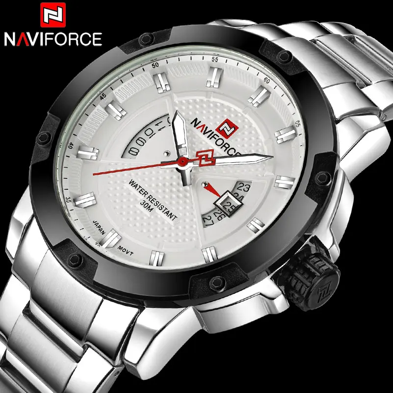 NAVIFORCE мужские часы Роскошные спортивные кварцевые серебряные деловые 30 м